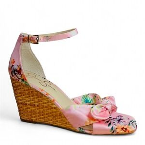 Jessica Simpson Wedge Sandal Size 10 Pink Buckle Ankle Strap Bow Floral Tropical